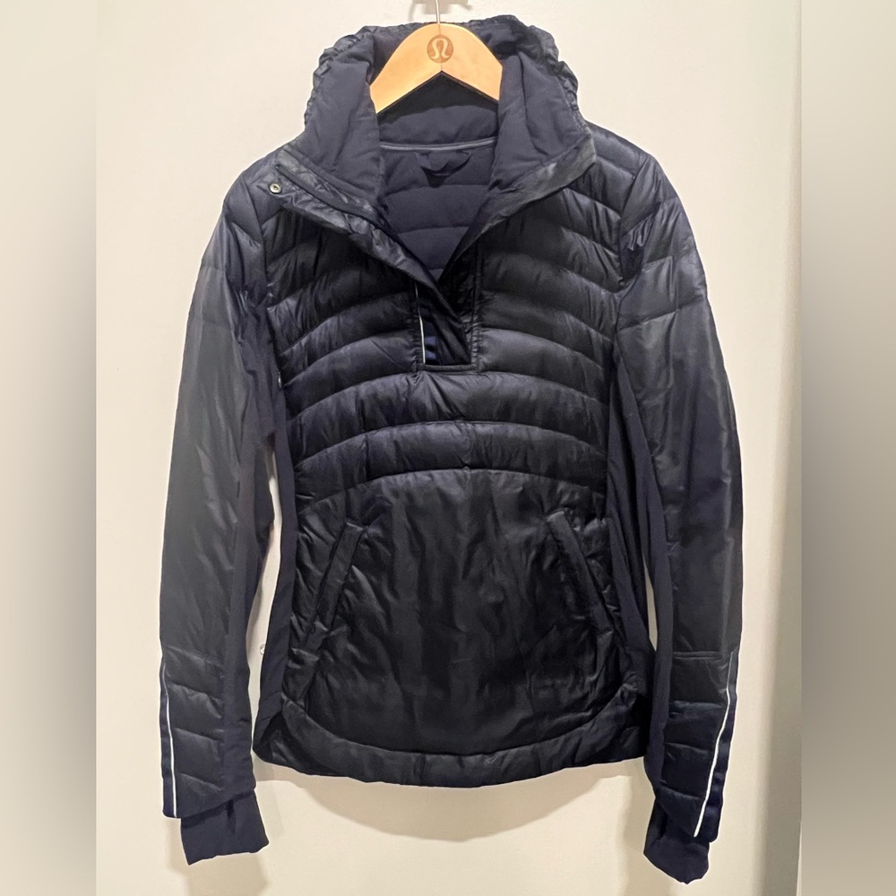 Half zip Goose down water resistance size 6, dark navy.